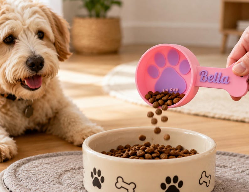 May include: A pink dog food scoop with a paw print design and the name "Bella" is pouring food into a beige bowl. The bowl has paw print and bone designs. A golden doodle dog is in the background.