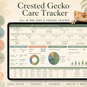 May include: A digital Crested Gecko Care Tracker on a tablet, featuring data on pet telemetry, operations, and finances. The tracker includes charts and graphs for health, feedings, expenses, and habitat. A gecko is perched on the tablet.