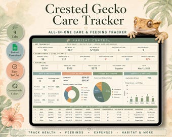 Verzorgingstracker voor kuifgekko's | Voedingslogboek Gewichtsverlies Gezondheid dierenarts | Spreadsheetsjabloon voor Google Spreadsheets | Crestie