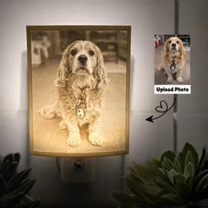 May include: A sepia-toned night light featuring a framed image of a dog with long, curly fur. The dog is wearing a decorative collar. A smaller image of the dog is next to the night light with the text "Upload Photo".