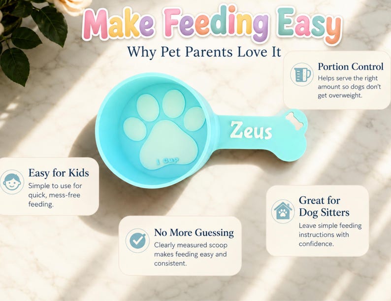 May include: A light blue pet food scoop with a paw print design in the bowl. The handle is shaped like a bone and has the name "Zeus" printed on it. The text "Make Feeding Easy" is at the top.