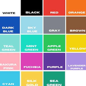 May include: A color chart featuring a grid of sixteen different color swatches. Each swatch is labeled with its corresponding color name, including white, black, red, orange, dark blue, sky blue, gray, brown, teal green, mint green, apple green, yellow, sakura pink, fuchsia, purple, lavender purple, cyan, silk gold, and sea green.