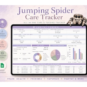 May include: A digital Jumping Spider Care Tracker on a tablet, featuring data visualizations and charts for health, feedings, and expenses. The tracker includes a jumping spider graphic and the text "Jumping Spider Care Tracker". The design includes the text "All-in-one care & feeding tracker".