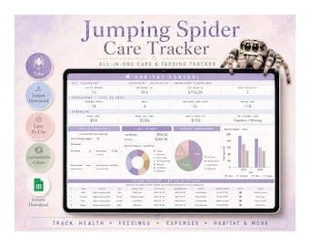 Jumping Spider Care Tracker | Pet Health Log & Vet Visit Planner | Google Sheets Spreadsheet | Feeding Molt Weight Phidippus