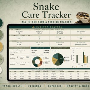 May include: A digital snake care tracker displayed on a tablet, featuring data visualizations and charts for health, feeding, and expenses. The text on the screen reads "Snake Care Tracker" and "All-in-one care & feeding tracker". A snake is positioned on the top right.