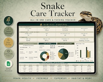 Snake Care-tracker | Voedingslogboek Gewichtsverlies Gezondheid dierenarts | Spreadsheetsjabloon voor Google Spreadsheets | Balpython maïsslang
