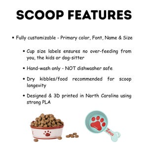 May include: The image displays a pet food scoop with a paw print design and the word "Zeus". The scoop is light blue and has a handle. A bowl of pet food and kibble are also shown. Text reads "SCOOP FEATURES".