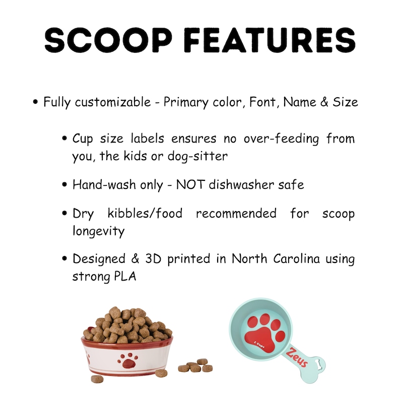May include: The image displays a pet food scoop with a paw print design and the word "Zeus". The scoop is light blue and has a handle. A bowl of pet food and kibble are also shown. Text reads "SCOOP FEATURES".