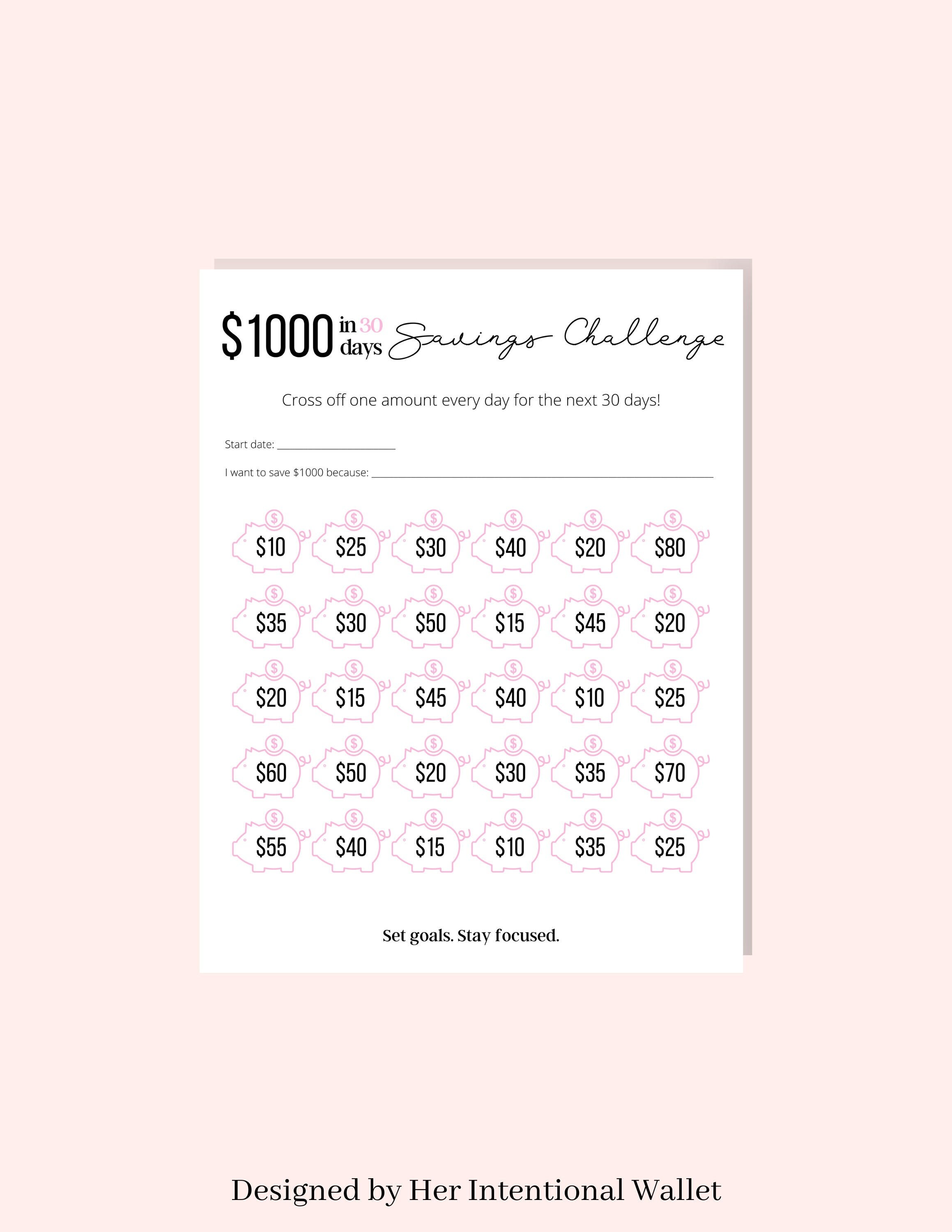 1k Money Savings Tracker Printable Money Challenge Save 1000 in 30 Days ...