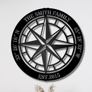 Personalized Compass Metal Sign, North Star Compass Wall Art, Custom Rustic Compass, Family Name Compass Sign, Custom Coordinates Sign