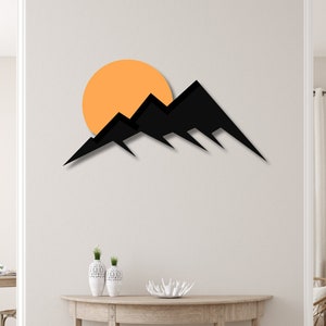 Sun and Mountain Metal Sign, Sunset Sunrise Boho Wall Art, Nature Minimalist Home Decor, Mountain Range Modern Art, Above Bed Wall Art