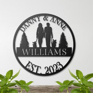 Personalized Wedding Gift, Custom Metal Signs, Monogram Wall Decor,Couple With Dogs Sign ,Last Name Sign,Family Name Sign,Custom Metal Art