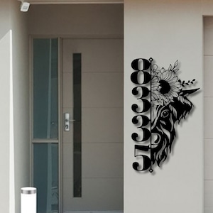 Cow With Sunflower Metal Address Sign: Vertical House Numbers