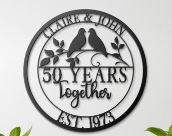 Cadeau du 50e anniversaire de mariage, anniversaire de parents, anniversaire d'or, panneau d'anniversaire des 50 ans, art mural en métal pour anniversaire de mariage, panneau colombes