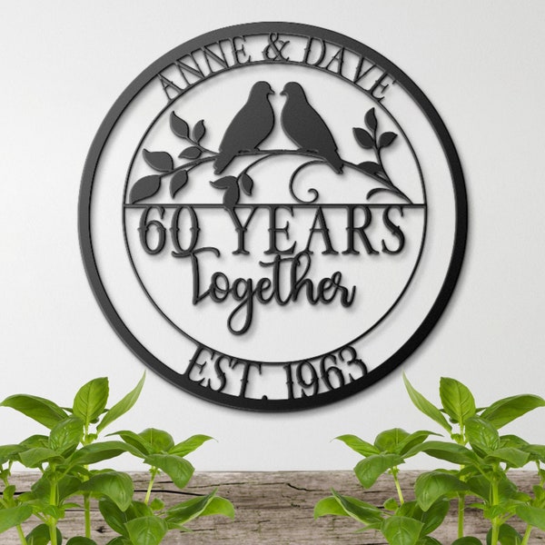 60th Anniversary Gift, Parents Anniversary, Diamond Anniversary, 60 Year Anniversary Sign, Wedding Anniversary Metal Wall Art, Doves Sign