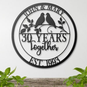 Regalo de 30 aniversario, regalo de aniversario para padres, letrero de 30 aniversario, arte de pared de metal para aniversario de bodas, letrero con monograma personalizado