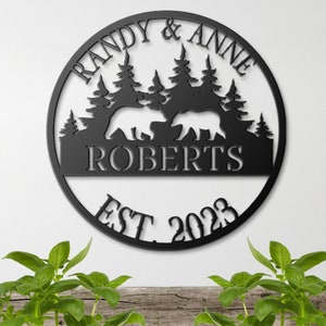 Custom Metal Wedding Sign: Last Name, Bear Family Monogram