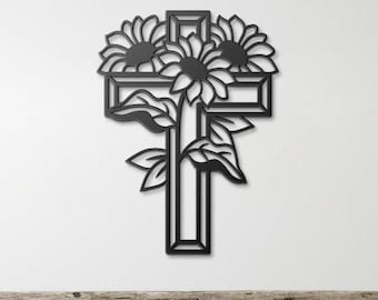 Sonnenblumen Kreuz Metall Schild, Jesus Kreuz Metall Wandkunst, Blumenkreuz Wandschild, Kreuz Sonnenblume Wohnkultur, Blumenkreuz Metall Kunst
