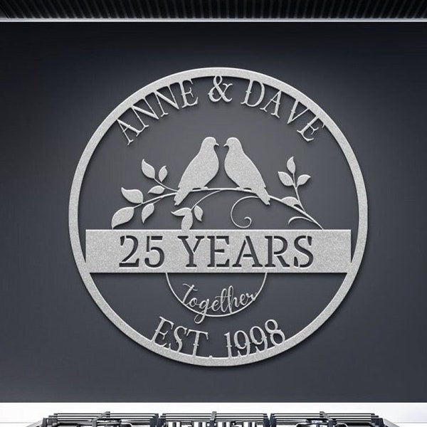 Personalized 25th Wedding Anniversary Gift For Parents, Wedding Doves Metal Sign, Parents Anniversary Gift, Family Monogram Sign, 25 Years