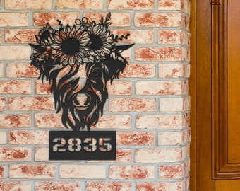 Address Sign For House, Metal Address Sign, Door Hanging Metal Address, House Number Metal Sign, Cow Metal Decor, Sunflowers Address Sign