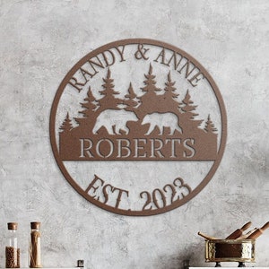 Custom Metal Wedding Sign: Last Name, Bear Family Monogram