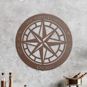 Custom Compass Metal Sign, North Star Compass Wall Art, Custom Rustic Compass, Family Name Sign, Custom Coordinates Sign, Adventure Gift