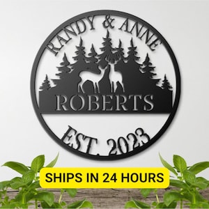 Custom Metal Last Name Sign: Deer Wedding Monogram - Powder Coated