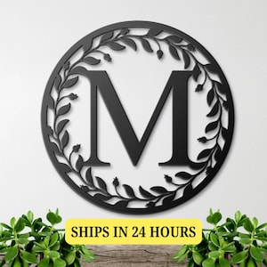 Monograma circular de hoja de metal, letrero de boda personalizado, letrero de monograma de pared, letrero de metal personalizado, regalo de aniversario para pareja, letrero de monograma de letra