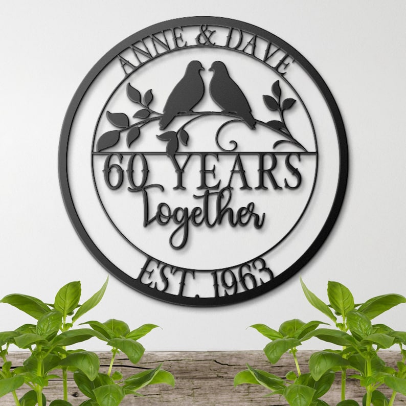 60th Anniversary Gift, Parents Anniversary, Diamond Anniversary, 60 Year Anniversary Sign, Wedding Anniversary Metal Wall Art, Doves Sign image 1