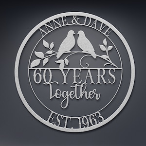 60th Anniversary Gift, Parents Anniversary, Diamond Anniversary, 60 Year Anniversary Sign, Wedding Anniversary Metal Wall Art, Doves Sign image 3