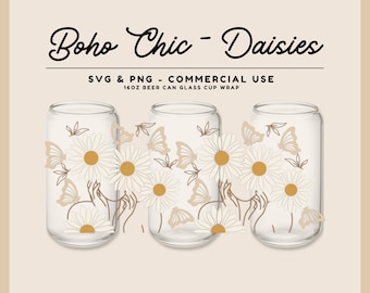 Boho Chic Daisies Svg for 16oz  Beer Can Glass Cup, Aesthetic Butterflies Png Beer Glass Cup Wrap, Floral Png for UV DTF and Sublimation