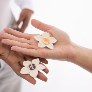 Large petal post earrings for women, bold white ceramic flower stud earrings,unique handmade porcelain stud, hypoallergenic gold floral stud image 3