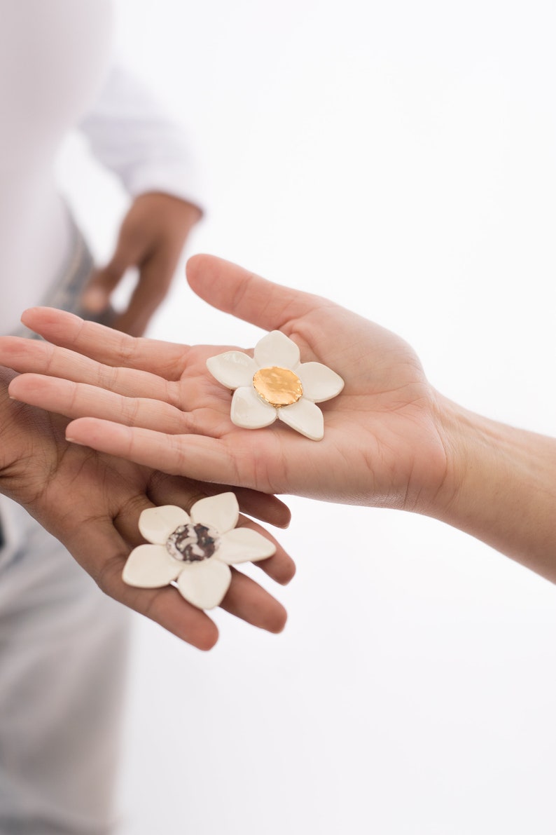 Large petal post earrings for women, bold white ceramic flower stud earrings,unique handmade porcelain stud, hypoallergenic gold floral stud image 3