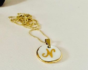 Handmade personalized initial for mom gift,White ceramic and gold handmade initial,Personalized ceramic jewelry gift, ceramic personalized