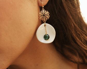 Bold ceramic dangle earrings with emerald swarovski crystal, vintage porcelain dangles, irregular gold plated earrings,