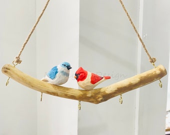 Schattige houten vogelhaken, creatieve drijfhouthaak met vogels, kledingopslag aan de muur, gatvrije haak, deurrugdoekhanger, wanddecoratie