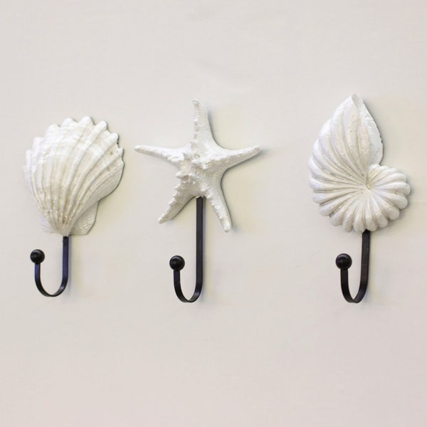 3PCS Mediterranean Style Shell Hooks, Creative Starfish Scallop Conch Hook, Coat And Hat Hooks, Heavy Duty Hooks, Single Hook, Wall Hooks