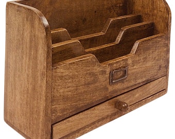 Rustic Letter Rack with Drawer - Vintage Style Dark Wood Office Home Organiser Organisational Desk Drawer