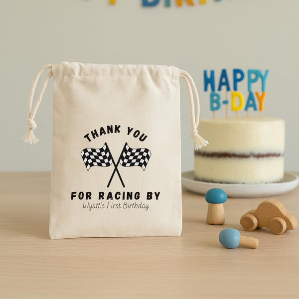 Race Themed Bags - Kids Favor Bags - Fast One Birthday Goodie Pouch for Boys Party
