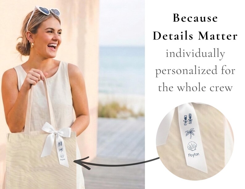 May include: A beige canvas tote bag featuring a white satin ribbon tied to the handle. The ribbon is printed with black line art icons of two champagne flutes, a palm tree, a seashell, and the name Peyton in a simple script font.