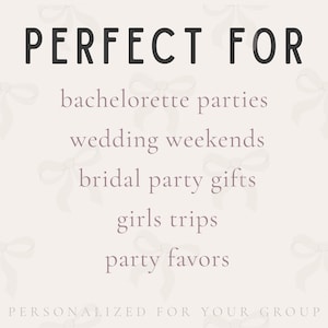 The image is a promotional graphic for a personalized event or party favor, featuring a repeating pattern of bows on a light background.
