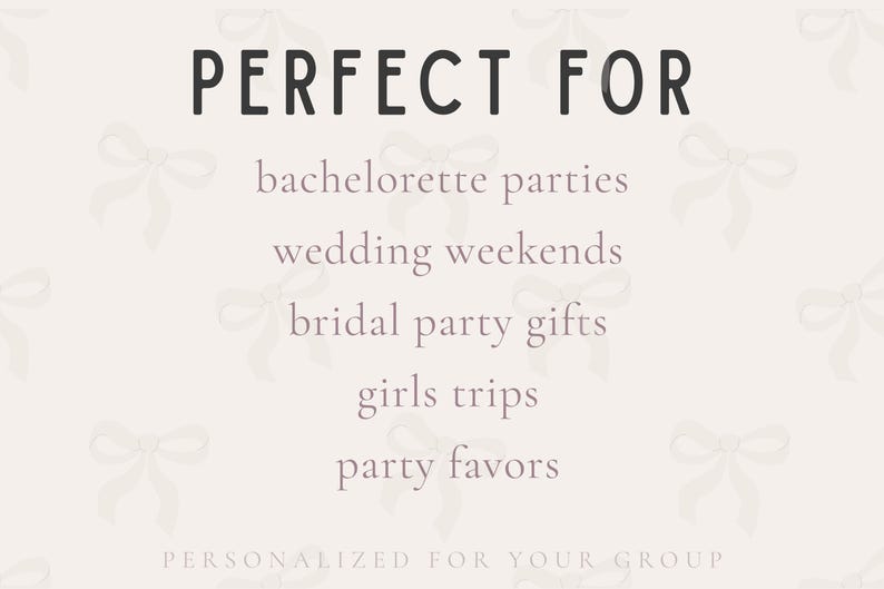 The image is a promotional graphic for a personalized event or party favor, featuring a repeating pattern of bows on a light background.