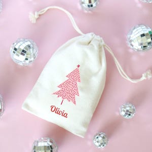 Personalized Pink Christmas Tree Gift Bag: Drawstring Bag