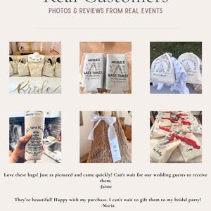 May include: A collage of customer photos featuring beige canvas tote bags, white can coolers with black text, and drawstring pouches with printed designs. The text includes phrases like Last Toast on the Coast, Camp Bachelorette, and Let's Tie the Knot.