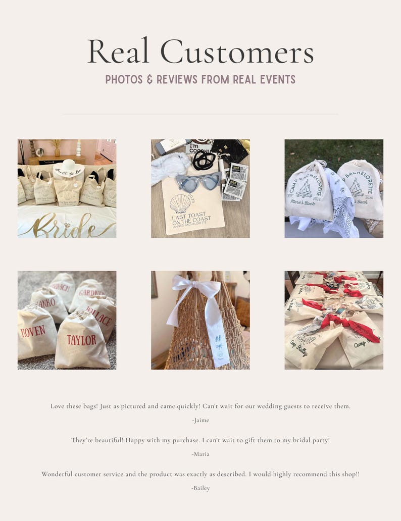 The image is a collage of six photos showcasing various items such as bags, accessories, and textiles, likely from real events or products.