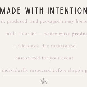 text that describes the products and services offered by a company, stating that they are designed, produced, and packaged in a home studio, and that they are made to order with no mass production, and that they are customized for events. The company also mentions that they individually inspect their products before shipping.