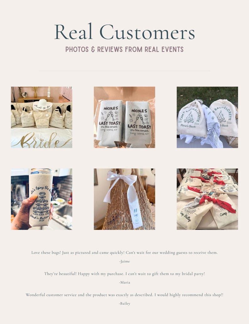 The image is a collage of six photos showcasing various items, including bags, a hand holding a drink, and other objects. The text in the image describes the items and their features, but it does not provide any additional information beyond that.