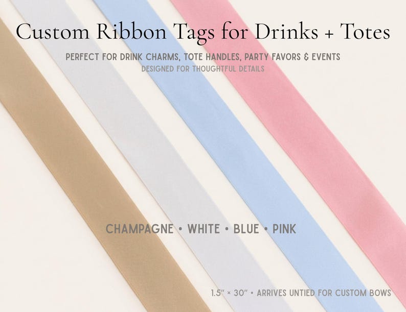 a variety of ribbons in different colors, including champagne, white, blue, and pink, arranged diagonally across the frame.