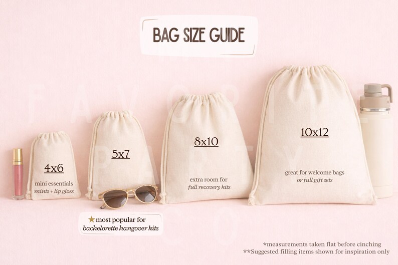 a collection of bags and accessories, including a mini essentials bag, a 5x7 bag, a 10x12 bag, and a mini essentials bag, along with a pair of sunglasses and a water bottle.