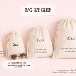 a collection of bags and accessories, including a bag size guide, a mini bottle, sunglasses, and a water bottle, all arranged on a pink background.